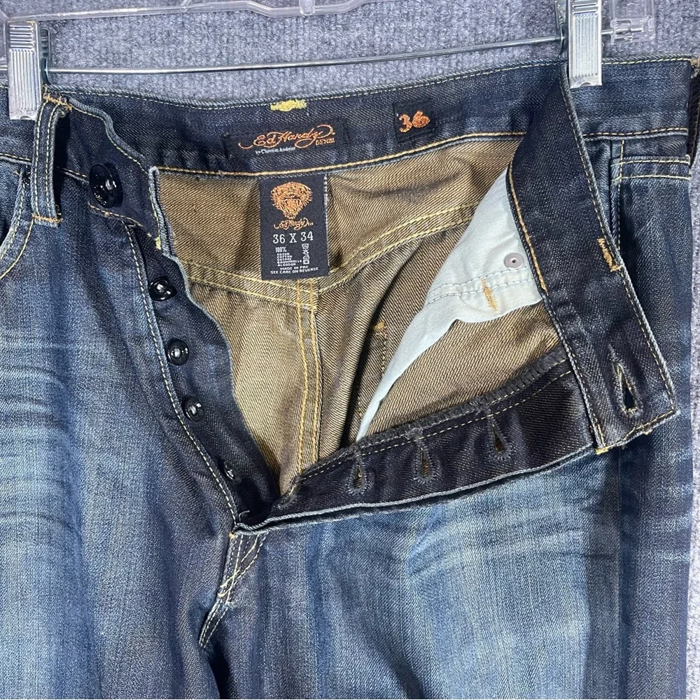 Ed Hardy Mens‎ 36X34  Yellow Logo Dark Wash Denim Distressed Designer Jeans Y2K